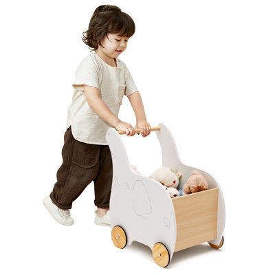 Costway Wooden Baby Walker 2 In 1 Kids Push Along Toy Cart With Storage Chest 4 Wheels