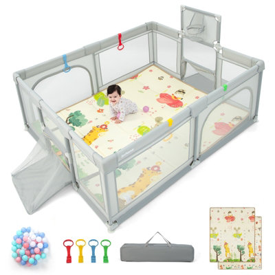 Costway Large Baby Playpen Activity Centre W/mat Basketball Hoop Soccer Nets & Pull Rings from B&Q