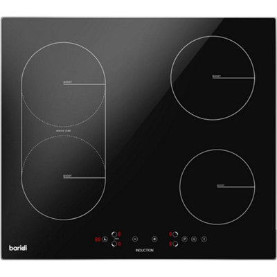 60cm 2800W 4 Ring Electric Induction Hob & Bridge Zone - Black Glass Flush