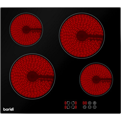 60cm 6000W 4 Zone Ceramic Burner Electric Hob - Black Glass Touch Control Flush