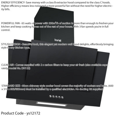 60cm Angled Black Glass Cooker Hood & Carbon Air Filters Kitchen Extractor Fan