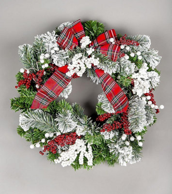 60cm B/O Pre lit Frosted /Tartan Ribbon Wreath with 50 WW LEDs