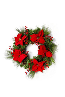 60cm B/O Pre lit Red Poinsettia Wreath with 50 WW Leds | DIY at B&Q