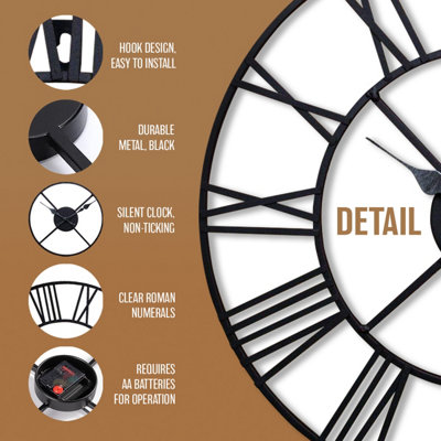 60cm Big Roman Numerals Giant Metal Outdoor Garden Wall Clock Indoor Silent Black Non-Ticking