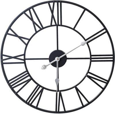 60cm Black Metal Roman Numerals Large Analog Wall Clock Indoor & Outdoor, Silent Non-Ticking