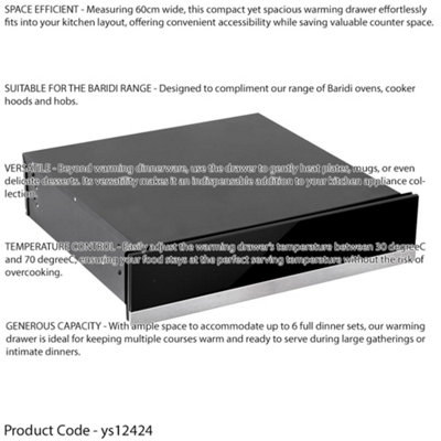 60cm Built-In Warming Drawer - Kitchen Wall Plate Heater - Push Open Black Steel