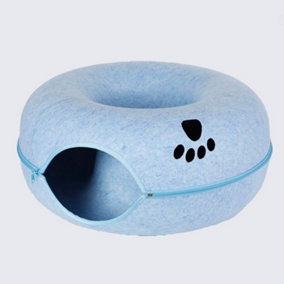 60CM Cats Tunnel Natural Felt Pet Cat Cave Bed Nest Round House Donut Interactive Toy Size L Blue (Paw)