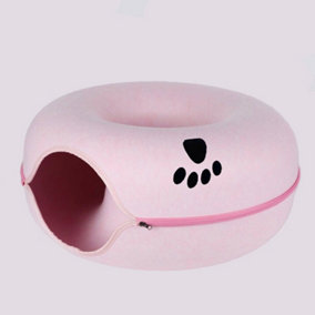 60CM Cats Tunnel Natural Felt Pet Cat Cave Bed Nest Round House Donut Interactive Toy Toy Size L Pink (Paw)