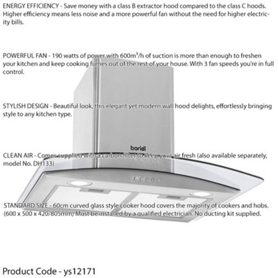60cm Curved Glass & Steel Cooker Hood & Carbon Air Filters Kitchen Extractor Fan