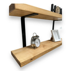 60cm Double Rustic Wooden Shelves Wall-Mounted Shelf with Seated Black L Brackets, Kitchen Deco(Rustic Pine, 60cm (0.6m)