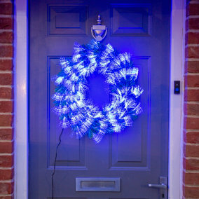 60cm Green Light Up Christmas Wreath with Blue Fibre Optics