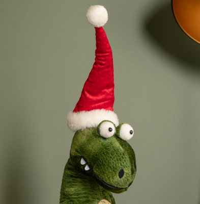 60cm Green Standing Christmas Dinosaur with Santa Hat