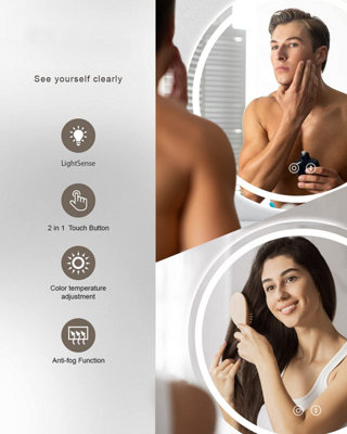 60CM LED Bathroom Mirror Round Vanity Mirror, Anti-Fog, Dimmable, 3 Color Temperature, Memory Function