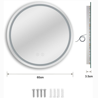 60CM LED Bathroom Mirror Round Vanity Mirror, Anti-Fog, Dimmable, 3 Color Temperature, Memory Function