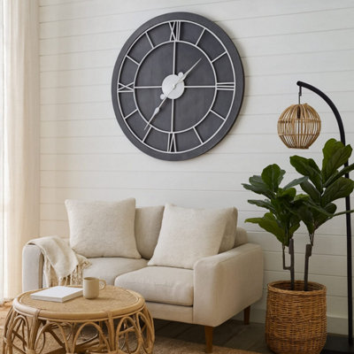 60cm Oversized Industrial Roman Numeral Wall Clock - Grey & White