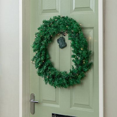 60cm Pre Lit Plain Green Christmas Wreath with Warm White LEDs and 160 Tips