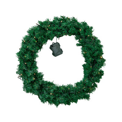 60cm Pre Lit Plain Green Christmas Wreath with Warm White LEDs and 160 Tips