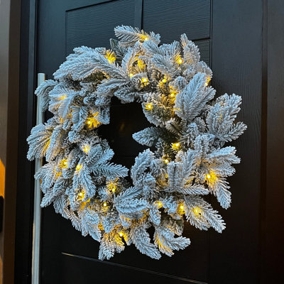 60cm Premium Mixed branch prelit Snow Flocked Christmas Wreath - with timer