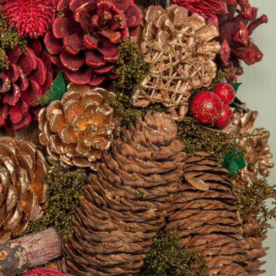 60cm Red Hanging Christmas Wreath with Red Berries and Pinecones