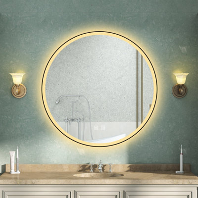 60cm Round Illuminated LED Bathroom Mirror with Lights 3 Colour Modes ...