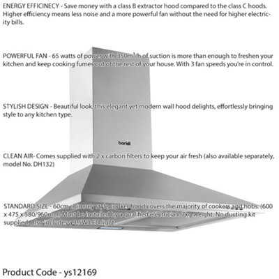 60cm STEEL Chimney Style Cooker Hood & Carbon Air Filters Kitchen Extractor Fan