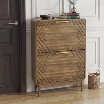 60cm Walnut Geometric Carved Shoe Cabinet - Freestanding 2-Drawer Organizer
