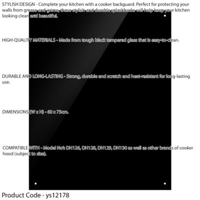 60cm x 75cm Black Glass Splashback - Kitchen Extractor Fans Hobs Wall Plate
