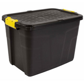 60L Heavy Duty Storage Tub Sturdy, Lockable, Stackable and Nestable Design Storage Chest with Clips in Black