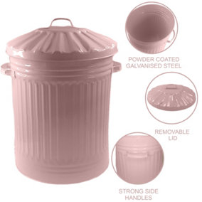 60L Pink Retro Bin Vintage Style Metal Dustbin with Lid Suitable for Indoor or Outdoor - Classic Bin Steel Dustbin for Animal Feed