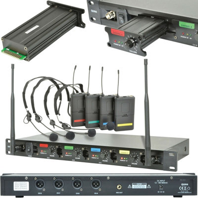 60m Quad Wireless Microphone Receiver System 4 Neckband Headset UHF