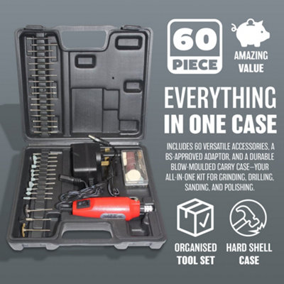 60-Piece Rotary Tool Kit For Hobby, Craft, Drilling, Cutting, Grinding, Sanding, Buffing - CALHAWK 120V