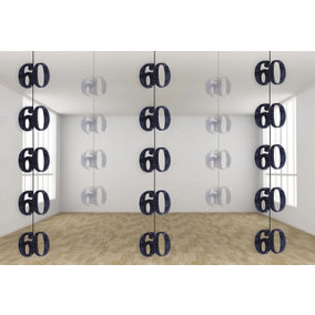 60th Glitz Black Anniversary Birthday Metallic Hanging String Shiny Foil Wall Decorations Pack of 6