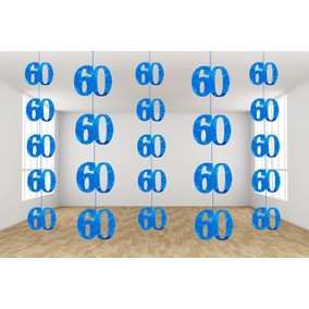 60th Glitz Blue Anniversary Birthday Metallic Hanging String Shiny Foil Wall Decorations Pack of 6