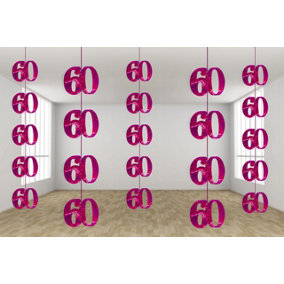 60th Glitz Pink Anniversary Birthday Metallic Hanging String Shiny Foil Wall Decorations Pack of 6