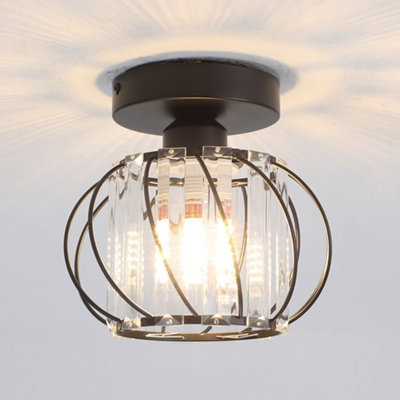 60W 220V Crystal Metal Semi Flush Mount Lantern Shape Ceiling Light