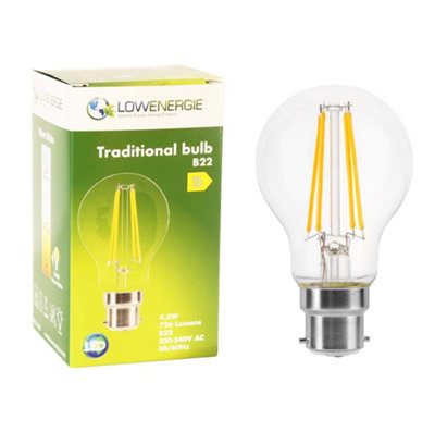 60w Equivalent LED Traditional Looking Filament Light Bulb A60 GLS B22 Bayonet 4.5w LED - Warm White