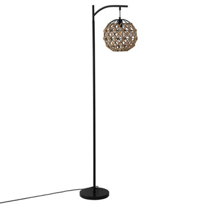 60W Handmade Hemp Rope Floor Lamp with Spherical Shade and Black Metal ...