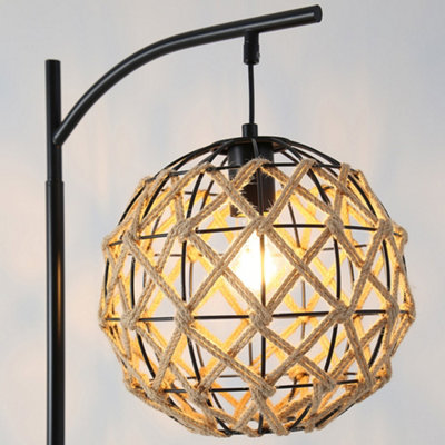 60W Handmade Hemp Rope Floor Lamp with Spherical Shade and Black Metal ...