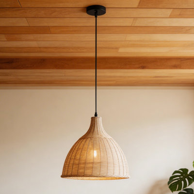 60W Rattan Semi-Open E27 Socket Ceiling Lamp Pendant Light with 3-Colour Dimming