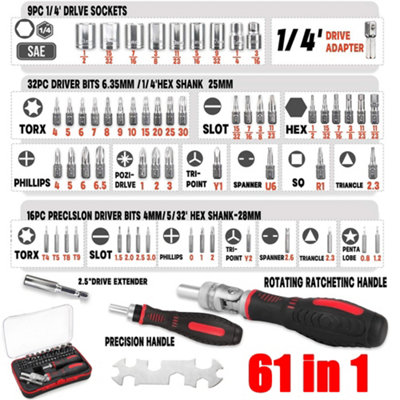 61-Piece Ratchet Screwdriver & Socket Set - Magnetic Bit Kit with ...