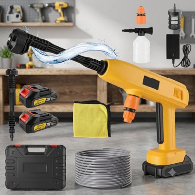  - 21V Cordless High Pressure Washer Jet Cleaner Portable Car Wash Gun 2 Battery 5M Hose Yellow