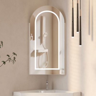 B&Q -  Sleek Arched Corner Mirror Cabinet With 3 Color Lights And Storage Bathroom Cabinet
