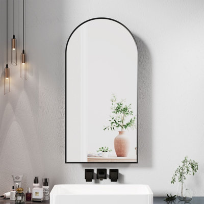 B&Q -  Sleek Arched Bathroom Mirror Cabinet Black Metal Framed Wall Mounted 40 X 80 Cm Bathroom Cabinet