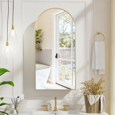 B&Q -  Sleek Arched Bathroom Mirror Cabinet With Brushed Gold Frame And 3 Glass Shelves 40X80 Bathroom Cabinet