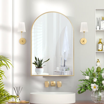 B&Q -  Sleek Metal Framed Arch Bathroom Mirror Cabinet Brushed Gold 51X76 Wall Mounted Bathroom Cabinet