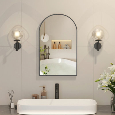 B&Q -  Sleek Metal Framed Arch Bathroom Mirror Cabinet Brushed Black 42X68 Wall Mounted Bathroom Cabinet
