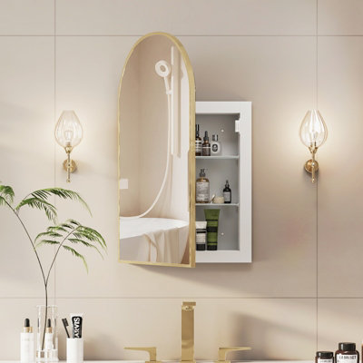 B&Q -  Sleek Arch Bathroom Mirror Cabinet Brushed Gold Metal Framed Wall Mounted 42X68 Bathroom Cabinet