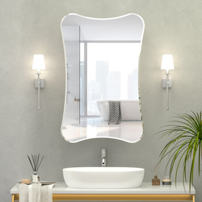 B&Q -  Sleek Beveled Edge Bathroom Mirror Cabinet White Frameless Wall Mounted Unique Design With 2 Shelves Bathroom Cabinet