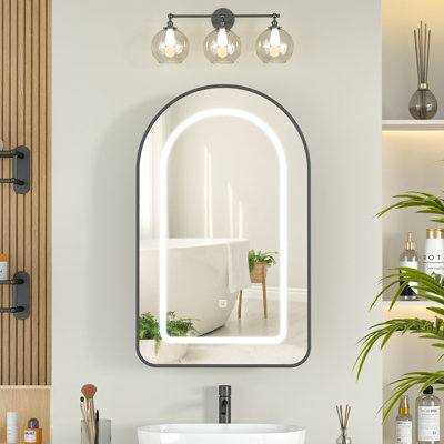 B&Q -  Sleek Arched Bathroom Mirror Cabinet With Led Lights And 2 Glass Shelves 42X68 Cm Black Bathroom Cabinet