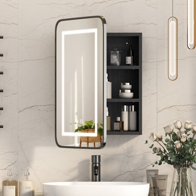 B&Q -  Sleek Lighted Bathroom Mirror Cabinet 40X60 Black Metal Edge 3Color Led With Demister Touch Control Bathroom Cabinet